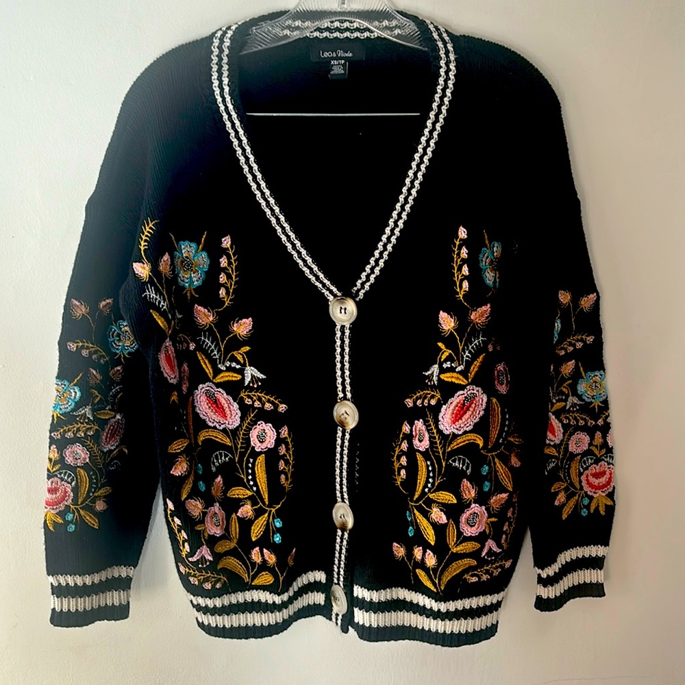 Anthropologie Black Floral Embroidered Cardigan